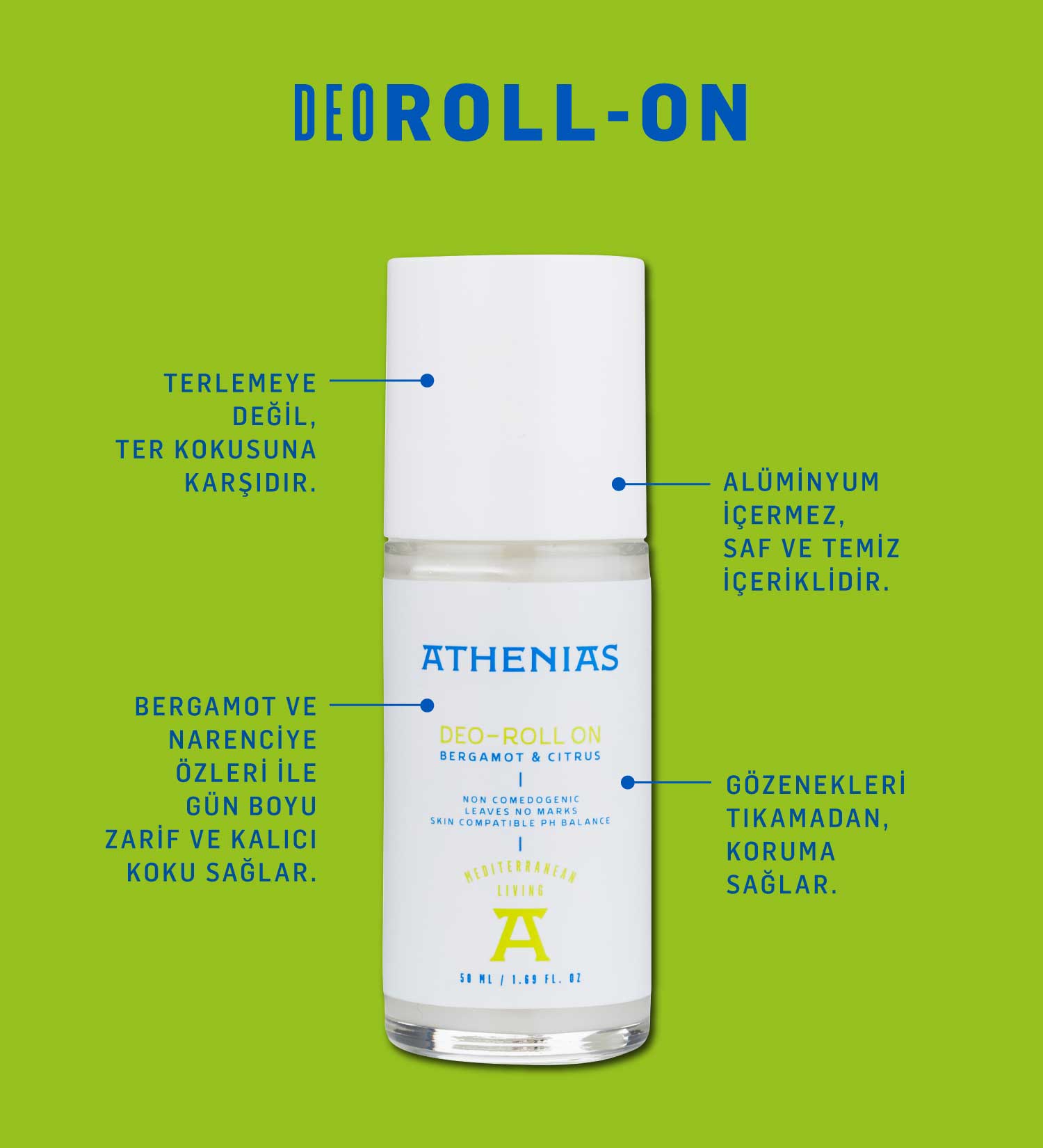 Athenias Bergamot & Citrus Deodorant Roll On | Koltuk Altını Tıkamayan + Aluminyum İçermeyen + Doğal İçerik