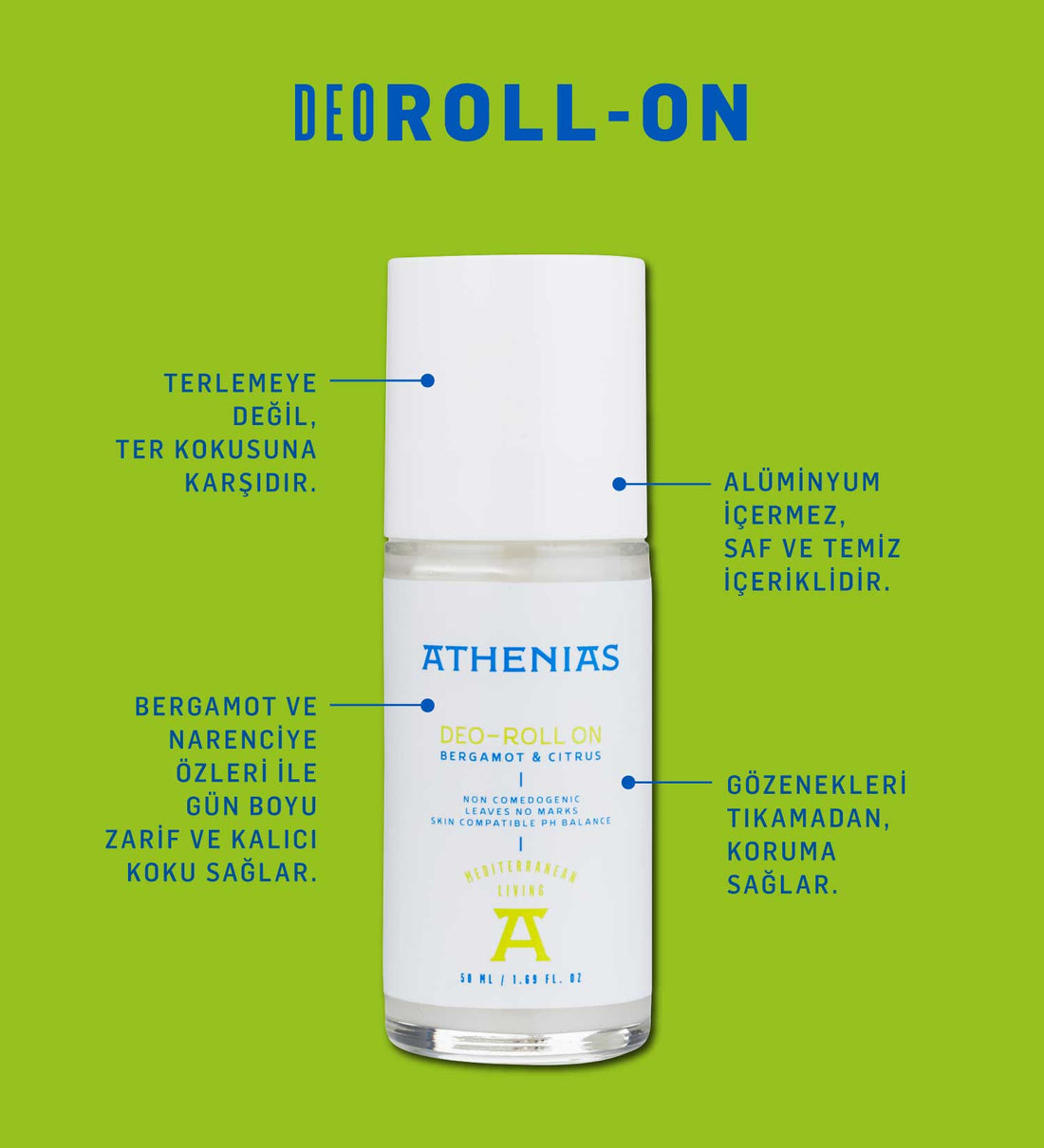 Athenias Bergamot &amp; Citrus Deodorant Roll On | Koltuk Altını Tıkamayan +  Aluminyum İçermeyen + Doğal İçerik