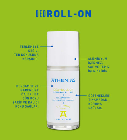 Athenias Bergamot &amp; Citrus Deodorant Roll On | Koltuk Altını Tıkamayan +  Aluminyum İçermeyen + Doğal İçerik